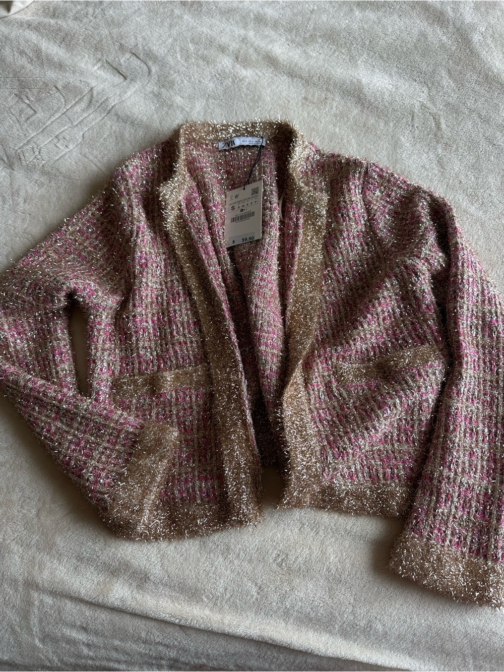 Zara Cozy Tweed Open-Front Women's Sweater Cardigan - Pink & Brown